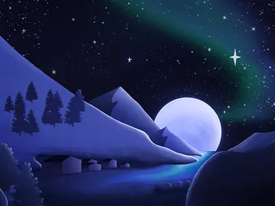 Aurora Borealis over the Coastal Town adobe photoshop aurora borealis design illustration landscape landscape illustration moonlight mountains nature night northern lights town