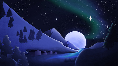 Aurora Borealis over the Coastal Town adobe photoshop aurora borealis design illustration landscape landscape illustration moonlight mountains nature night northern lights town