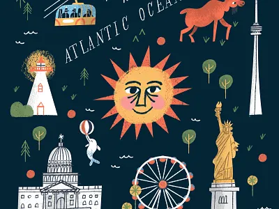 Lovelies for an Illustrated Map cn tower ferris wheel gay dolphin gondola lighthouse moose ski lift statue of liberty sun tremblant