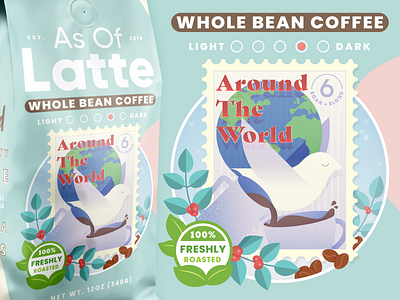 Coffee Blend Around The World bird blue coffee design flat flavor food green holy spirit illustration illustrator logo outdoors packaging photoshop stamp type typography vector world