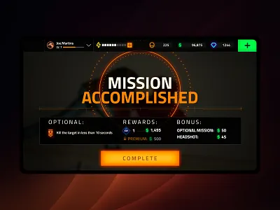 Mission Complete | Well Done Soldier combat game gaming mobile ui ux weapon