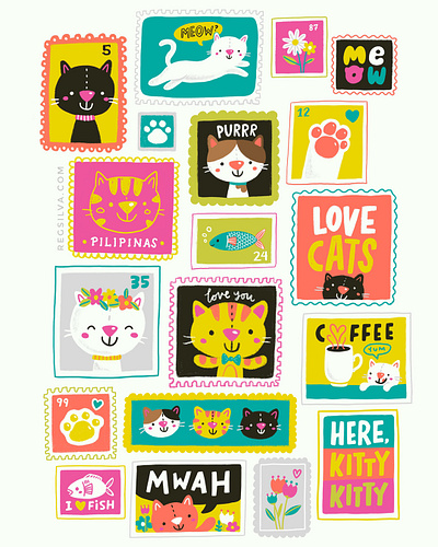 Cat stamps! cat character character design cute drawing illustration kawaii kids lettering mail post procreate stamp sticker vector