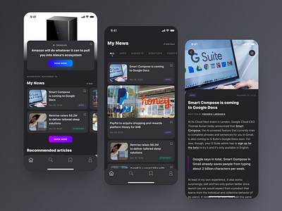 Tech News App app app design article dark mode dark theme design feed ios ios app mobile app news news app newsfeed product design tech technology ui ui design