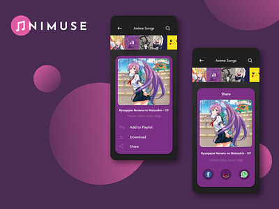 Animuse - Anime Music Sharing UI -DailyUI 010 anime app design daily ui dailyui dailyui 010 design logo music music app music app ui music art music player music player ui naruto pink pokemon purple ui uiux ux