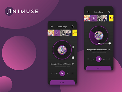 Animuse - Anime Music Player UI - DailyUI 009 anime app design branding daily ui dailyui dailyui 009 music music app music app ui music player naruto one piece pokemon purple record ui uiux ux vinyl vinyl record