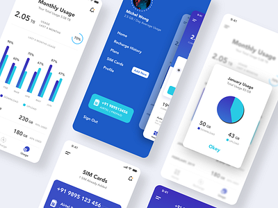 SIM Service App andoid data design dribbble graph homepage ios landingpage mobile mobile app mobile app design mobile ui recharge side menu sim ui deisgn ux