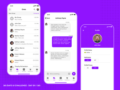 365 DAYS UI CHALLENGE - DAY 013 / 365 - Messaging 365 days design challenge 365daysuichallenge dailyui dailyui013 message message app mobile app purple ui uiux