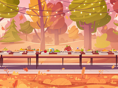 Thanksgiving dinner art autum cartoon design dinner flat food forest illustration landscape table thanksgiving thanksgiving day trees vector wood