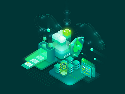 Backup and recovery illustration backup cloud green illustration isometric isometric illustration monitoring server shield vector virtual machine vm