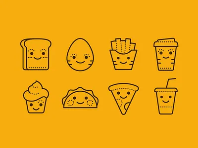 Dotted Icons of Kawaii Food coffe cola cupcake design egg food fun icon set icons icons8 illustration inktober2019 pizza vector web