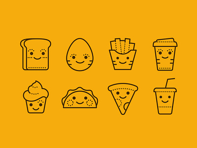 Dotted Icons of Kawaii Food coffe cola cupcake design egg food fun icon set icons icons8 illustration inktober2019 pizza vector web