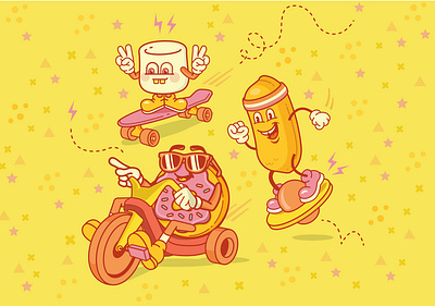 Squad Goals big wheel cartoon design donut draw illustration marshmallow mini cruiser nostalgia pogo ball twinkie vector