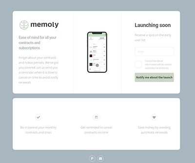 Memoly - Contract and Subscription Manager App app app design beta launch landing page landing page design memoly mobile app ui