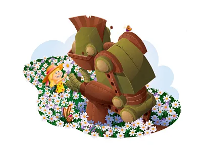 Girl and Robot characterdesign characters childrens book childrens books concepts design flowers friends girl illustration robot vector