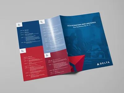 Delta International Main Cabin Refresh Press Trip Itinerary bifold brochure design layout print design