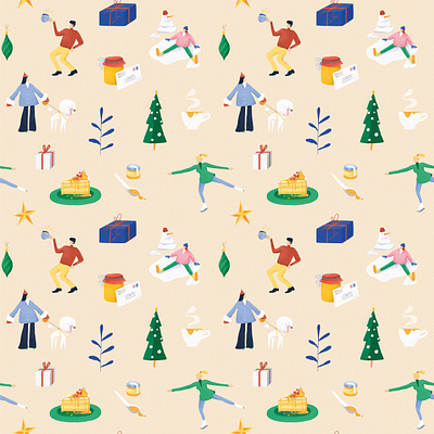 Illustration for Behoney packaging cake christmas christmas tree dog festive food gifts girl happy holidays home honey ice skating illustration pattern presents seanson team winter wrapping paper