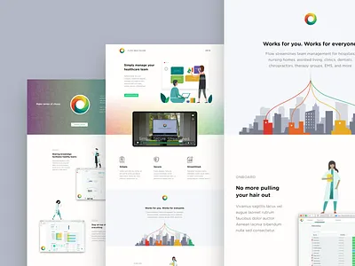 Flow Healthcare branding buildings circle city clipboard colorful doctor glow illustration leaf screenshots shield ui web website