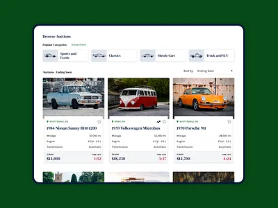 Auto Auction Platform app auction auto bid car card design filter illustration sale sort ui ux web