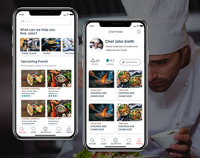 Cooking event for chef app chef cook cooking cooking app custom icons design event food home screen login screen typography ui ux