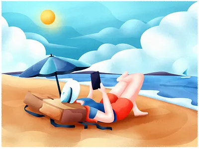 Seaside blue boat bright cloud illustration rucksack sand sea sunshade sunshine ui web woman