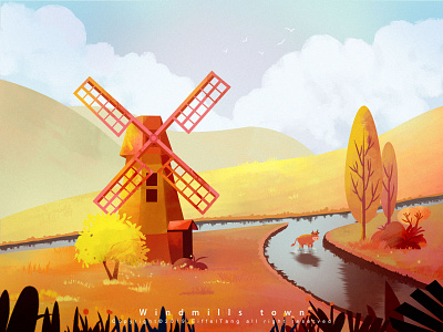 Windmills town design illustration travel windmill