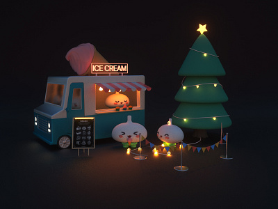 ICE CREAM CAR 3d bulb bunting c4d cake camping car character cinema4d design dining car friend ice cream illustration lighting night octane tree vector