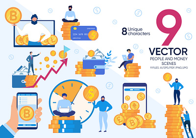 People and Money Vector Scenes businessman cartoon cash currency design digital dollar flat holding illustration man money pay people person set symbol together transaction vector