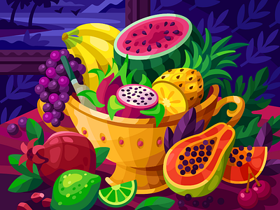 Juicy Fruits Bowl bowl coloring book dragon fruit exotic flatdesign fruits game illustration illustration juicy papaya pineapple pomegranate stilllife summer tropical fruits tropical leaves vase vector vector illustrations watermelon