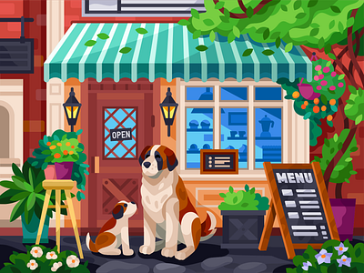 Dogs are waiting for you from the shop cafe coffee shop coffeeshop digital painting digitalart dog exterior exterior design exterior illustration illustration outside menu pet puppy saint bernard shop shop exterior street vector art vector illustration waiting dog