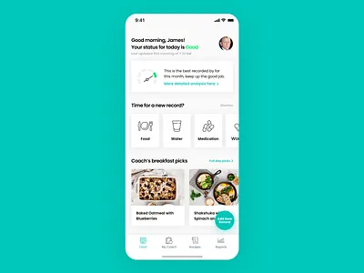 Gut & Health Tracking and Nutrition App, Home Screen Design app design clean concept dashboard feed gut health health app health care health tech healthcare healthy home minimal nutrition nutritionist report simple tracking tracking app