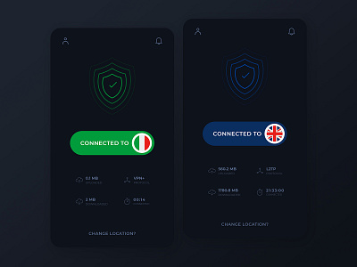 VPN Mobile app adobe xd app design connected connection creative dark mode minimal ui ux vpn vpn app