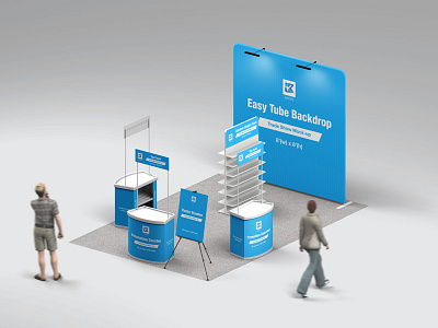 Trade Show Booth Mock-up v4 backdrop branding business counter design display display rack easy tube gondola mockup perspective pop up showcase size smart object standee table top tripod tv display