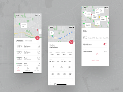 Fuel App | Light Mode app bottom sheet design filter flat fuel gas gas station graph icon ios list map minimal mobile red typography ui ux