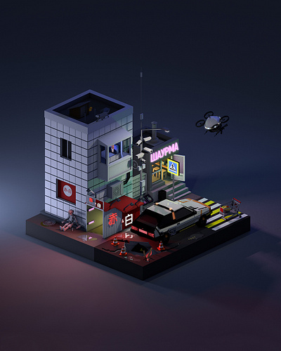 Russian Cyberpunk 3d 3dillustration 3dmodeling cinema4d cyberpunk diorama illustration isometric lowpoly lowpolyart renders russia