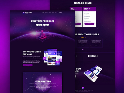 Landing Page Website Design - Meditation Mobile App app landing page clean design clean layout landing page ui meditation meditation app mobile app landing page mobile app website music app sound healing spiritual website uidesign universe webdesign