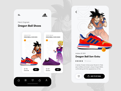 Sneakers App - Dragon Ball Shoes adidas app design boots buy now cards design dragonball eccomerce shoes shop sneakers uidesign