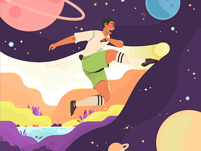 universe athletes castle cloud cute darkblue design football illustration jump light line moon moutain planet river sky soccer sport star sun