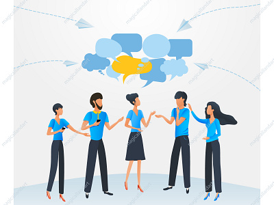 People talking art bubbles business character chat communication consulting conversation dialogue discussion flat magicalland man network people social speech supporters talking vector