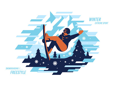 Snowboarding freestyle illustration action active design extreme freestyle grab ice mountain outdoor person snow snowboard snowboarder snowboarding snowflakes sport winter