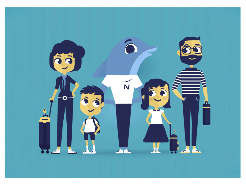 DOLFI - NOVOTEL - FAMILY 2d character 2d illustration 2danimation animate animation cartoon character character character design dolphin family family portrait illustration mascot character mascot design motion motion design motion graphic vector vector art vector illustration