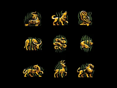 Some illustrations for zoo animals bull deer fish lion logo snake tiger wolf zoo