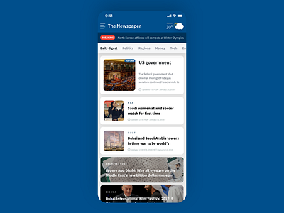 Newspaper App Home Screen Design app articles breaking cards clean content feed journalism minimal news newspaper newspapers simple topics