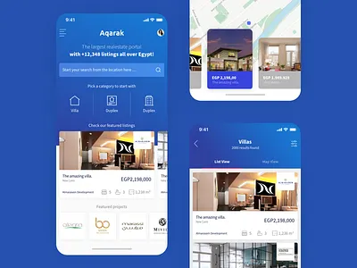 Aqarak PropTech Real-estate Listing App Home Screen Design app design blue cards concept estate home listing property proptech real estate realestate