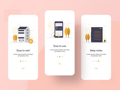 App Onboarding clean color design illustration illustrations minimal mobile mobile app mobile app design mobile design mobile ui objects onboarding onboarding screens onboarding ui photoshop property management ux xd xd design