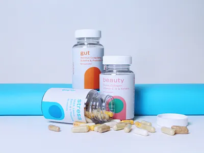 Routine Vitamins and Supplements beauty bottle branding design gut logo pill stress supplement label design supplements vitamins