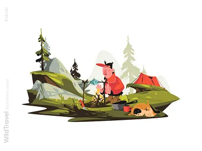 Man tourist cooking fish illustration bonfire character cooking fish flat illustration kit8 man tourist vector