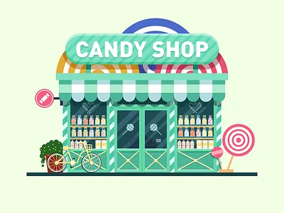 Candy shop architecture bicycle build candy house illustration lollipop shop