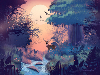 Morning Glow colorful design concept art digital art environment art environment design forest game game art game assets game design header illustration hero image homepage illustration jungle nature illustration sunrise vector wilderness woods