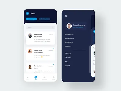 Money Transaction App Volume 2 app design billmanagement dollar bill ecommerce app finance gooddesign inbox incomingdollar ios app design menu message mobie app design money app money management money transfer moneytransections payment app profile senddollar sendmoney