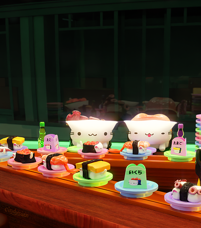 Sneak peek of an animation I'm working on! 3d b3d blender cat conveyor belt cute diner kawaii ramune restaurant sushi tako tamago